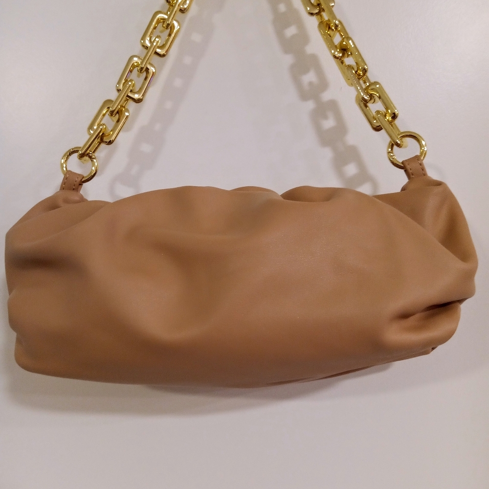 Prime Chunky Chain Faux Leather Beige Pouch Bag